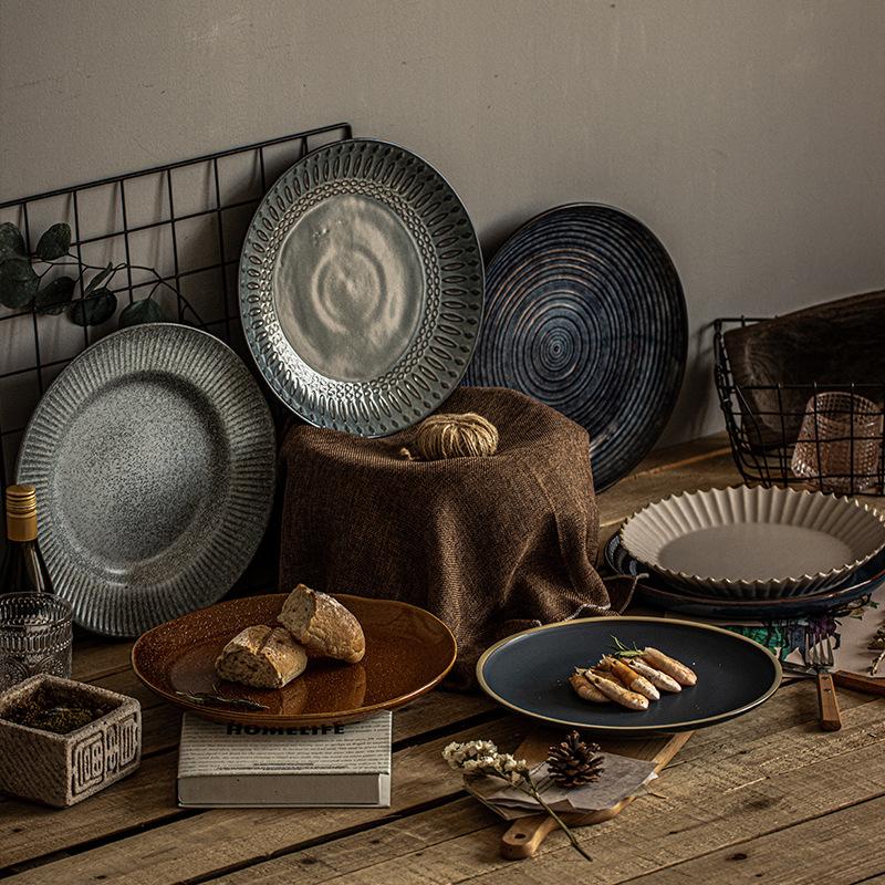 Retro Super Large Plate, High-End Sense Household Ceramic Plate, Dinner Plate, Steak Plate, Tableware Plate, Round Breakfast Plate, Western Plate.