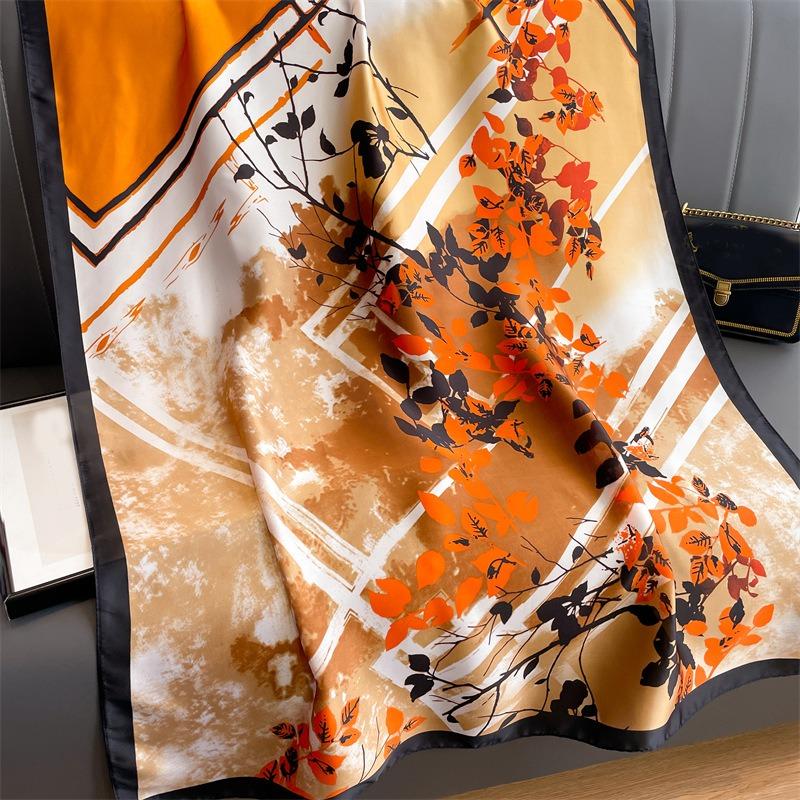 Thousand birds plaid scarf female beauty brocade large size long shawl orange coffee color popular color scheme silk scarf atmosphere leaf