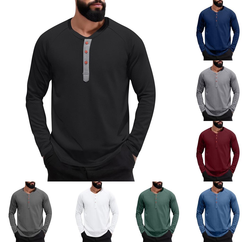 Men's Solid Color Slim-Fit Collar Button Casual Long-Sleeved Top