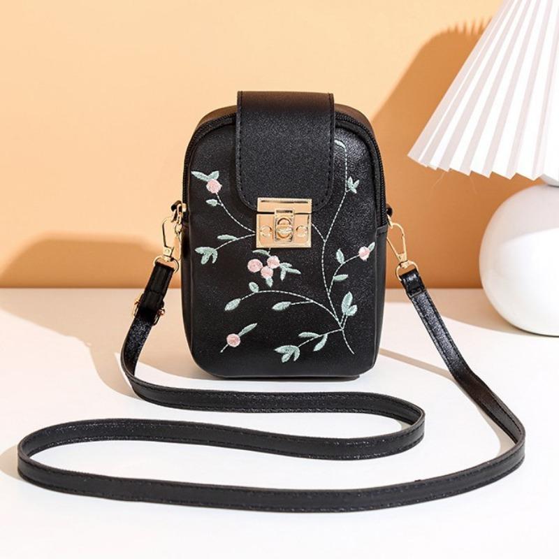 Embroidered Lock Single Shoulder Vertical Small Square Bag Messenger Bag Simple Mobile Phone Bag Girls Mouth Red Envelope