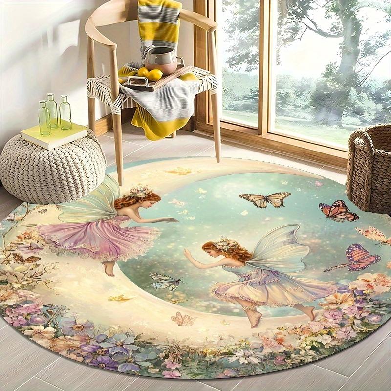 1pc Enchanted Fairy&Butterfly Round Floor Mat-Non-Slip Machine Washable 100% Polyester,Whimsical Floral Design for Living Room Bedroom Study