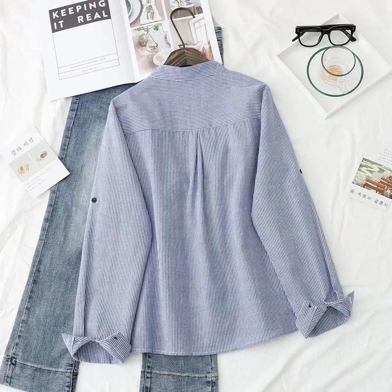 Spring Autumn Women Vintage Stand Collar Cotton Shirt Ruffles Full Sleeve Loose Blouse Casual Office Wear