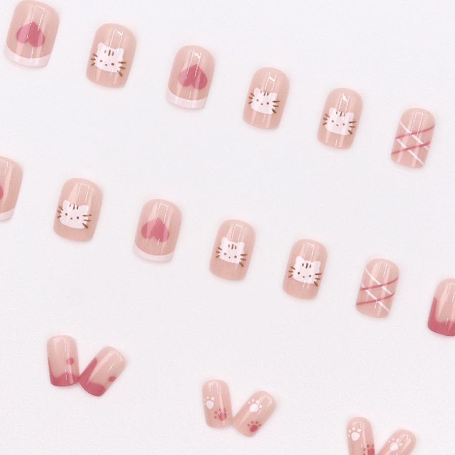 Clear Pink Cat Plaid Wearable Nail Stickers - French Strawberry Milk Theme, 24 Pieces