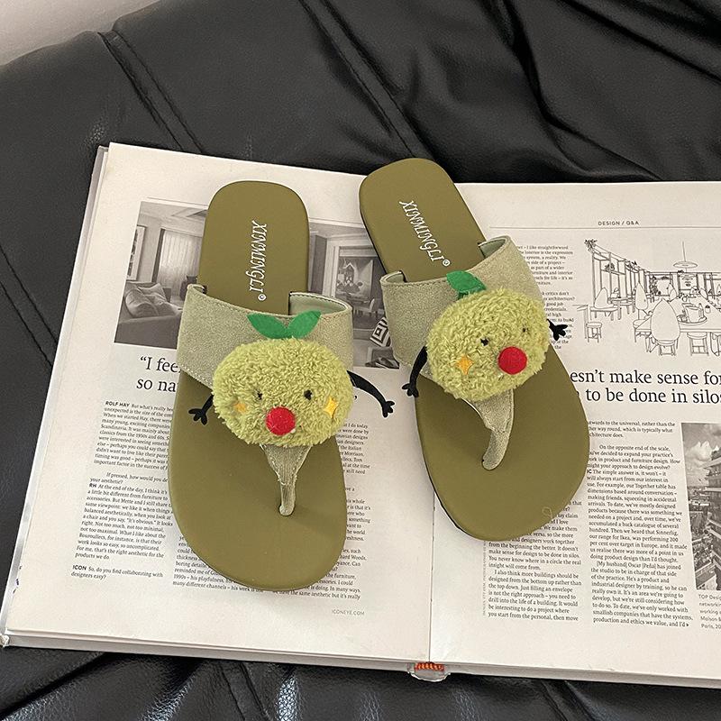 Casual cute plush doll non-slip beach shoes women's summer casual sandals flip-flops