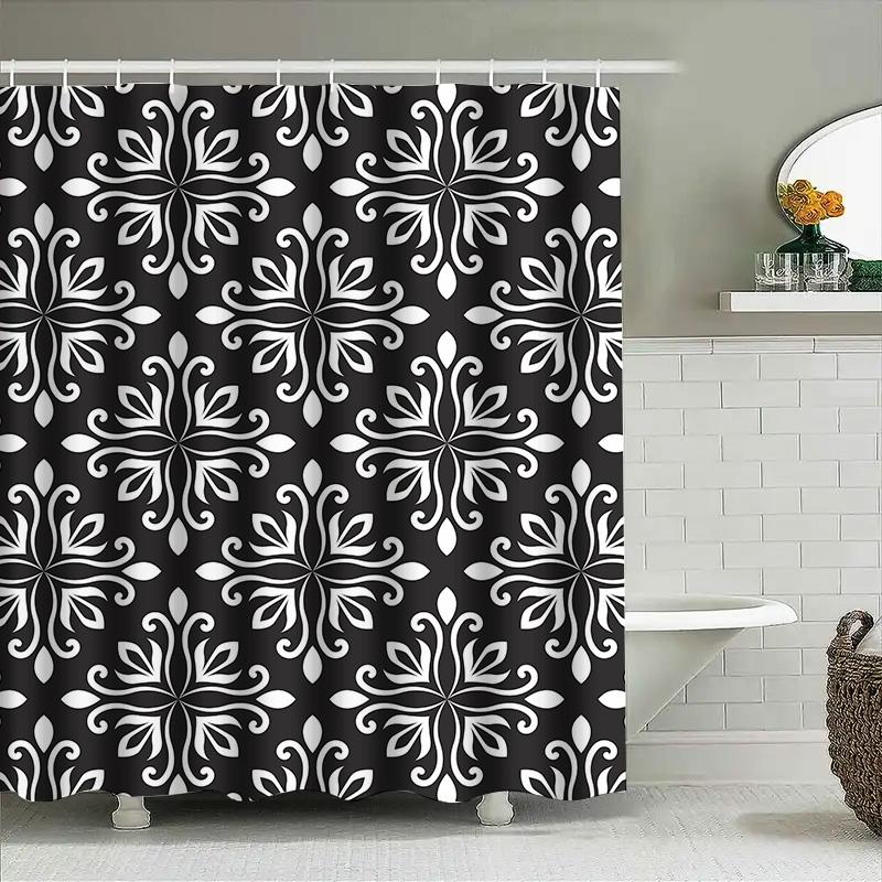 Black White Damask Shower Curtain Decorative Bath Mat Cover For Home Bathroom Modern Floral Printed Fabric Waterproof Bath Sheet
