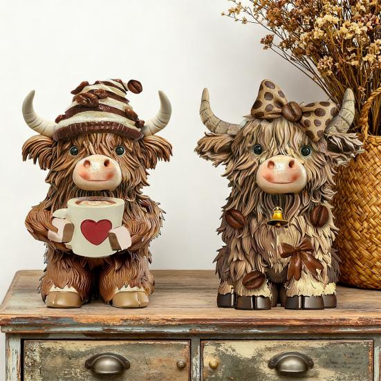 1/2Pcs Coffee Theme Highland Cattle Statue Coffee Mug Highland Cow Resin Figurine Sculpture Home Office Desktop Decoration Ornament