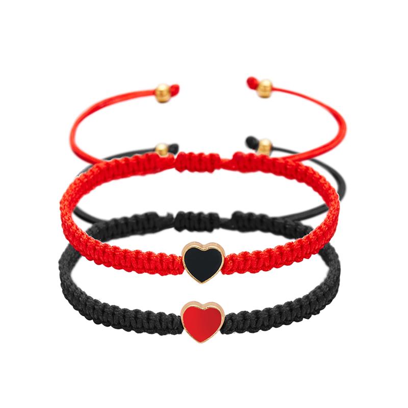 2Pcs Love Heart Beaded Couple Bracelet for Women Men Lucky Red Black Braided Rope Matching Bracelet Friendship Charm Jewelry