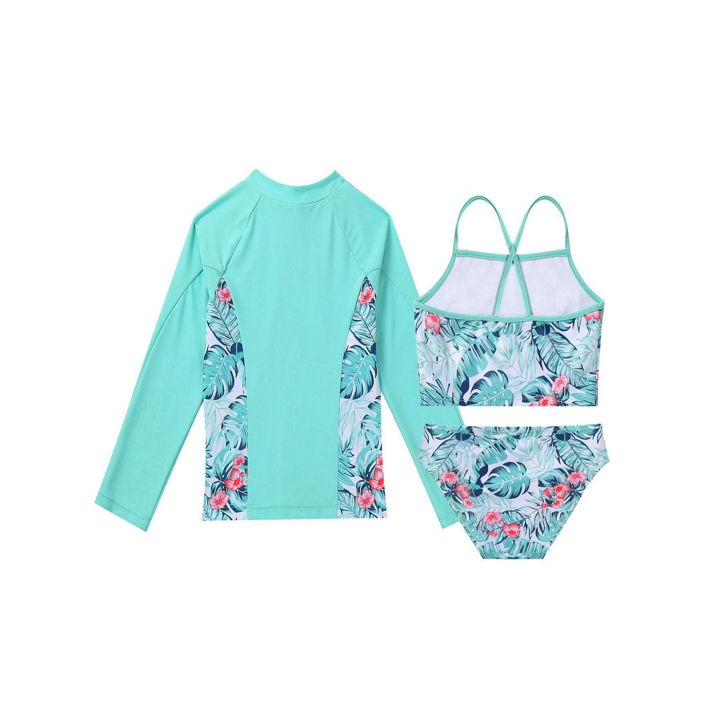 Girls 3 Piece Swim Set Sleeveless Top Briefs Long Sleeve Coat Front Zipper Sun Protection Beach Swimwear