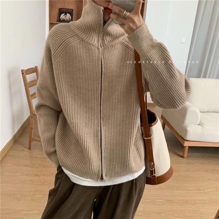 Casual Knitted Cardigan Sweaters Women Autumn Winter Vintage Zip-up Solid Loose Long Sleeve Tops Knitwear Chic Kpop