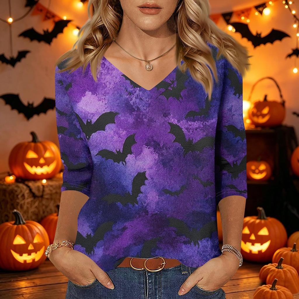 Damen Freizeit V-Ausschnitt Oberteil Halloween-Print Dreiviertelärm Leicht Bluse Lockerer Schnitt Pulloverhemd für die Herbstsaison