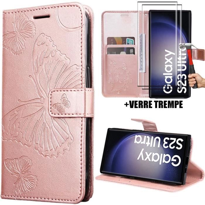 Coque + Verres Trempés - Samsung - Galaxy S23 Ultra - Rose - Motif Papillons - Antichoc