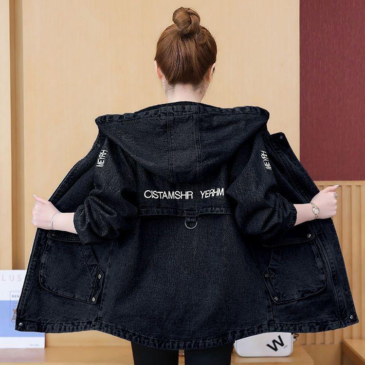 Women Denim Windbreaker Coat Hooded Cardigan Jacket Pockets Washed Y2k High Waist Outerwear 2025 Autumn Streetwear Overcoat