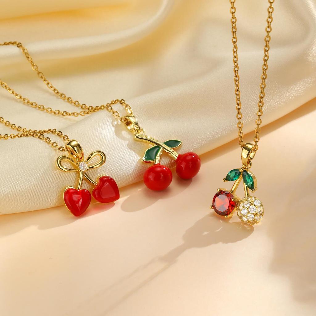 Delicate Red Cherry Pave Zirconia Pendant Necklace for Women, Fruit Summer Jewelry