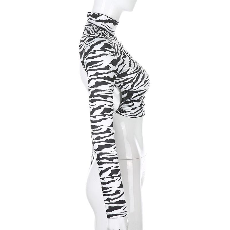 Animal Zebra Print Backless Cropped Tshirt Women Sexy Long Sleeve T-shirt Ladies Fashion Crop Tops Tees Streetwear
