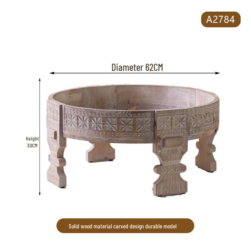 American Retro Round Side Table: Solid Wood Carved Coffee Table for Hotel or Homestay Décor