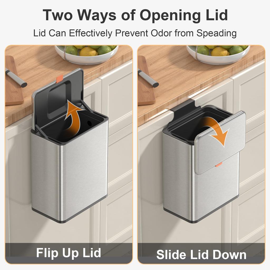 Mbillion Wall-Mounted Trash Can, 8L, with Lid, Airtight, Sliding Type, Silver