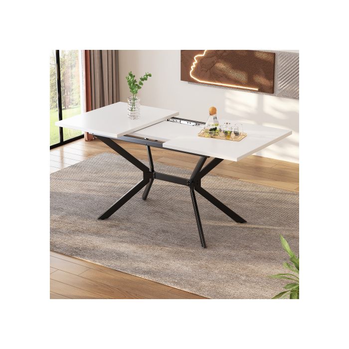 Table à rallonge blanche MUVOE 120–160 × 80 cm, pieds métal noir — 4 à 6 places, plateau MDF