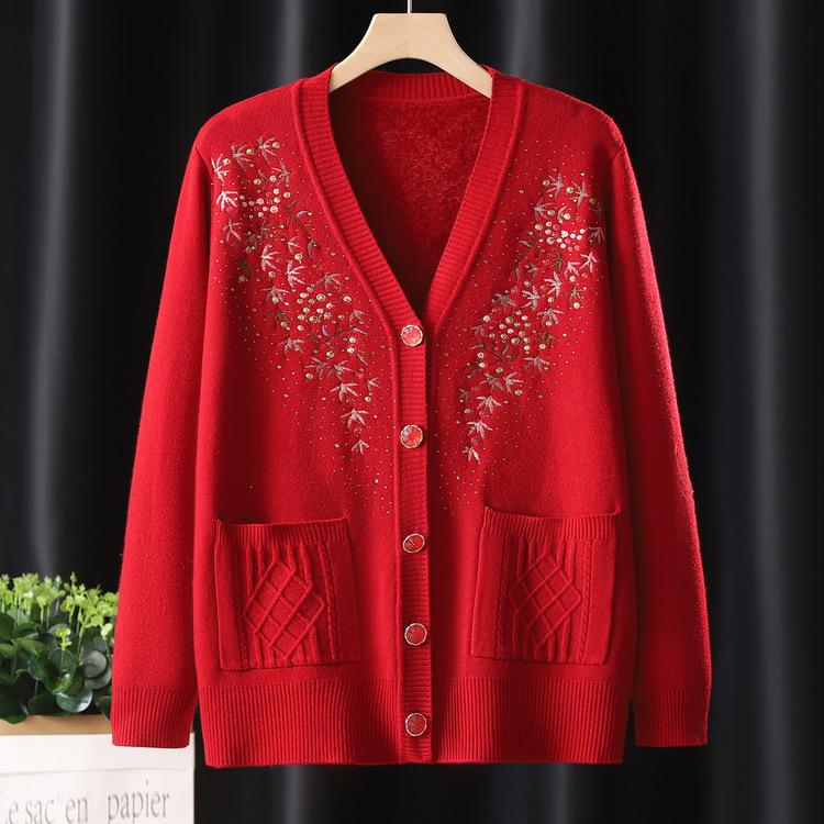 Grandma's Sweater Plus Velvet Style Middle-aged and Elderly Women's Sweater Jacket Thickened Winter Clothes Mother's Warm Clothes Thickened