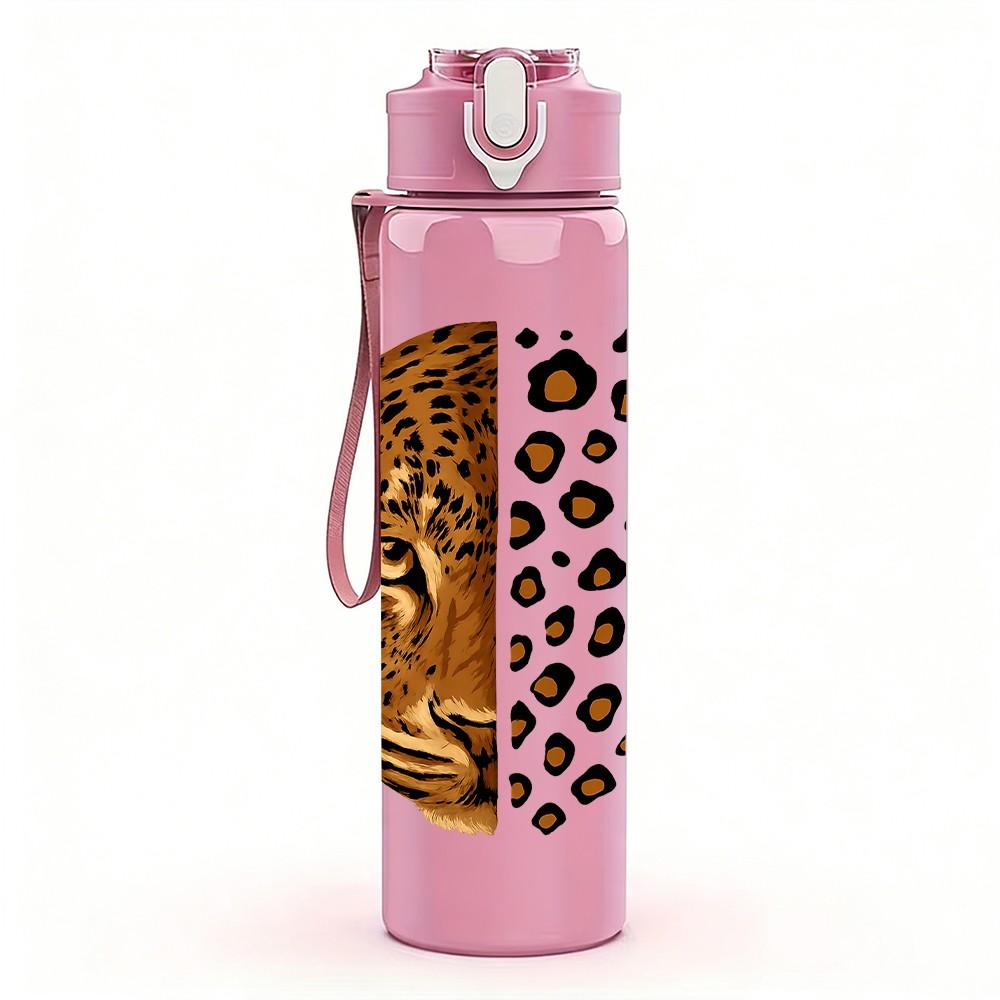 1PC Half Leopard Half Tiger Face 750ml Color Plastic Sports Water Bottle Leakproof Flip Straw Lid Suitable for Sports Office Home Use