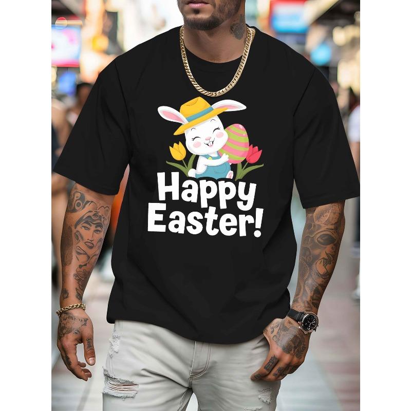European Size Men's Easter Bunny & Egg Print Short Sleeve T-Shirt - Lightweight Breathable Round Neck Summer Top with Rabbit & Egg Pattern