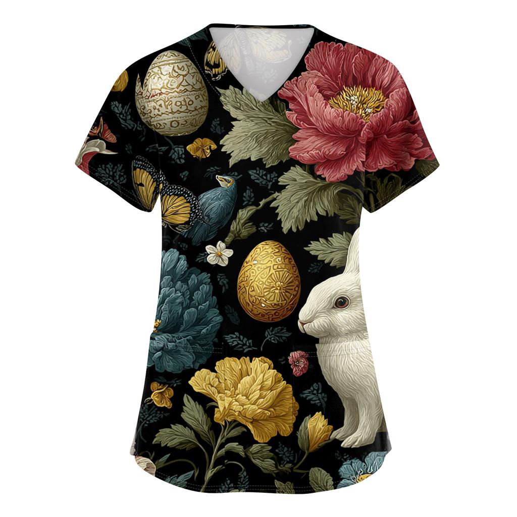 Women's Fashion V-Neck Short-Sleeved Workwear With Pockets Easter Print Top Caregiver Uniform