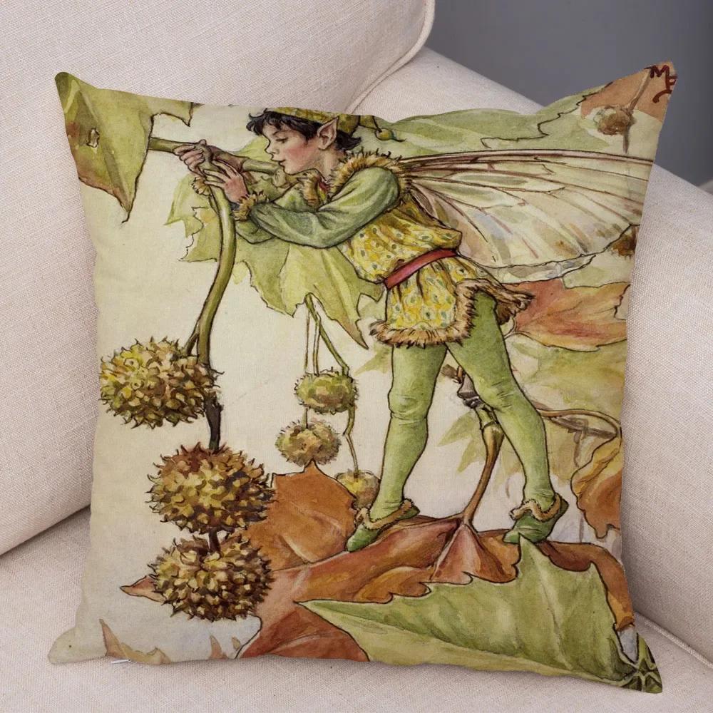 Vintage Cartoon Elfen Kissenbezug Dekor volles Märchenwelt Kissenbezug Plüsch Blumenmädchen Kissenbezug für Sofa Zuhause,