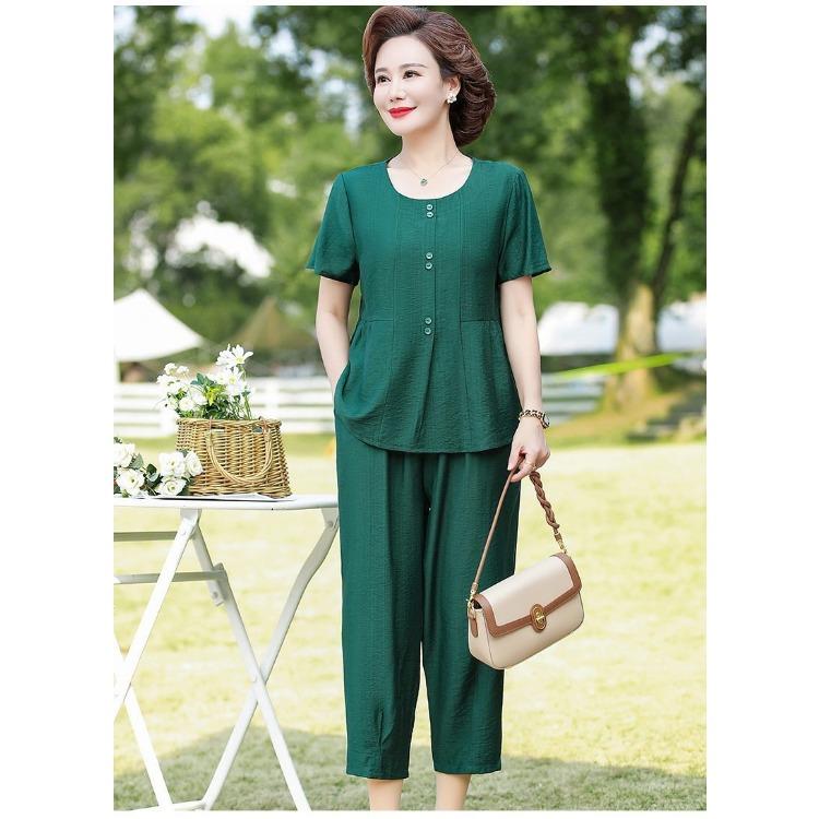 Summer Loose Fit Cotton Linen Two Piece Set for Middle Aged Women Slimming Casual Outfit