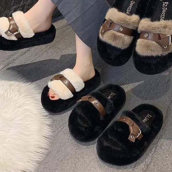 5 Cm One-word Fluffy Slippers Female 2025 Spring and Autumn Internet Celebrity Explosion Fashion High-end Cotton Drag Heightening Muffin Thick Bottom