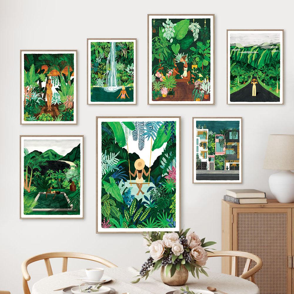 Green Botanical Porch Summer Shower Waterfall Wall Art Canvas Painting Nordic Poster And Print Picture For Living Room Bar Decor