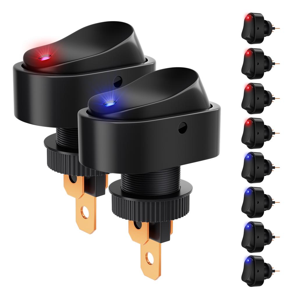 5PCS Toggle Switch 12v 30A Oval Rocker Switch 3 Pin Red Blue LED Lighted on Off Switch for Automative Car RV Marine Boat