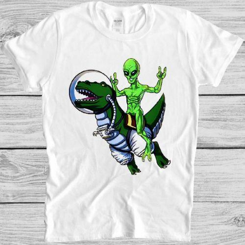 Alien Riding T-Rex TShirt Galaxy Travel Space Dinosaur Astronaut Cosmic Tee M81