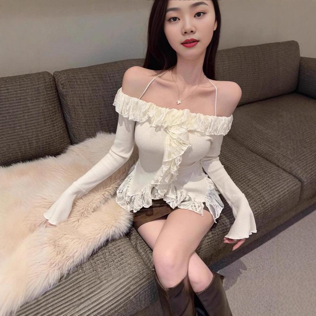 2024 Autumn/Winter Off-the-Shoulder Lace Slit Bell Sleeve Women's Knitted Sweater