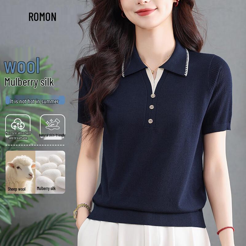

Romon Women s Silk-Wool Blend Short-Sleeve Polo Knit Top L