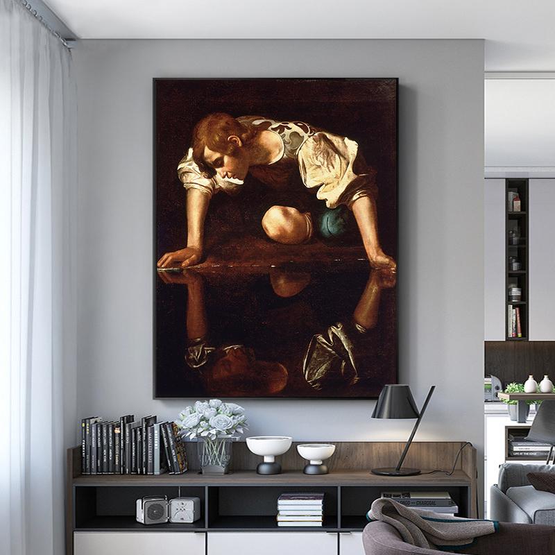 Caravaggio Narcissus Painting Canvas Print Wall Vintage Art Poster Inverted Image Picture for Living Room Home Decor Cuadros