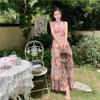 Women's Summer Waist Slimming Backless Hanging Neck Holiday Beach Ruffle Printed Long Skirt