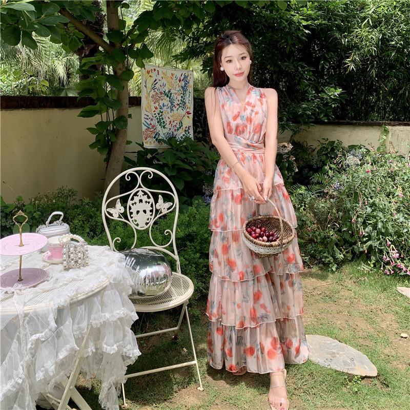 Women's Summer Waist Slimming Backless Hanging Neck Holiday Beach Ruffle Printed Long Skirt