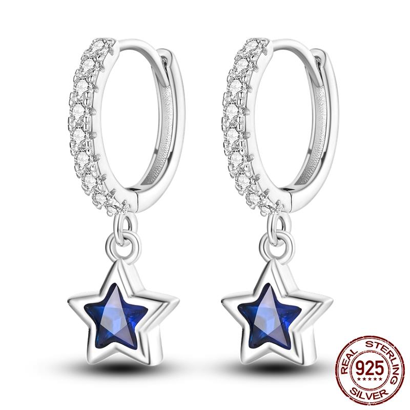 Luminous Shell Women Earrings Original 925 Sterling Silver Pave CZ Star Moon Hoop Earrings Engagement Wedding Jewelry
