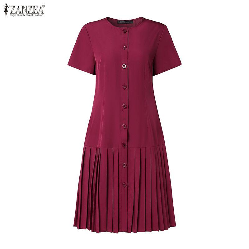 ZANZEA Women Casual Round Neck Solid Color Short Sleeve Pleated Dress