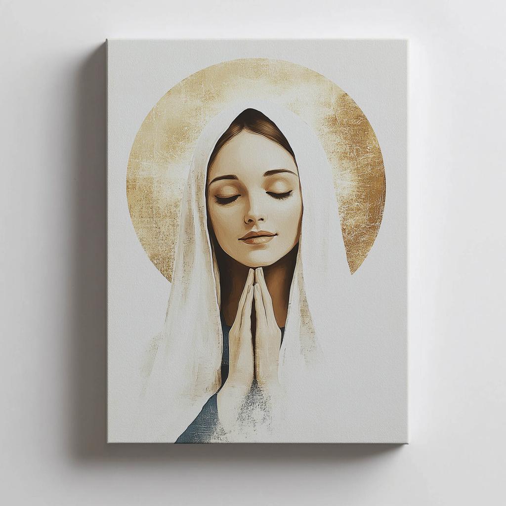 Modlitwa Matki Boskiej Z Złotą Aureolą Modlitwa Matki Boskiej Z Złotą Aureolą, 30X40 Cm, Rama Aluminiowa Czarna, Papier Matowy 230 Gsm