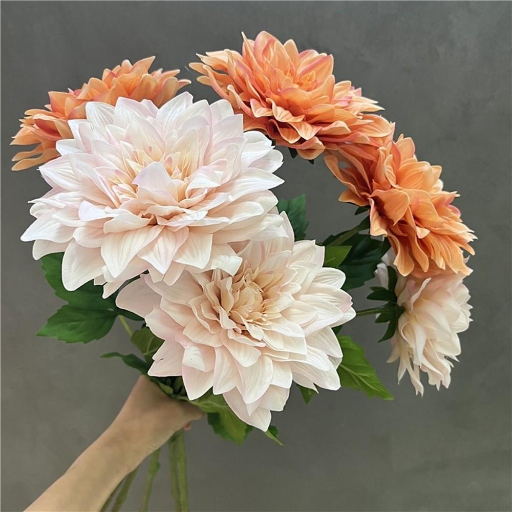 61CM Artificial Dahlia Flowers Green Leaves Simulation Dahlias Branch  Hotel Wedding Decoration