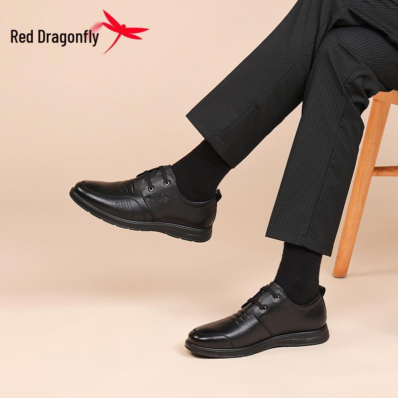 Black Red Dragonfly Men's Genuine Leather Soft Sole Non-slip Business Casual Shoes