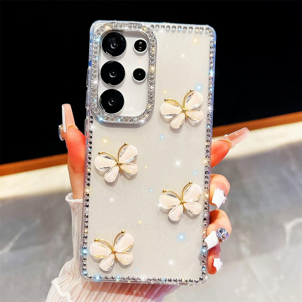 Handmade Sparkly Diamond Glass Butterfly IMD Phone Case, Compatible with Samsung S23 Ultra/S24/S25 & A07/A15/A16/A17/A26/A35/A36/A55/A56