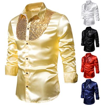 Chemise de nuit à manches longues pour hommes, couleur unie, boutons à paillettes brillantes, pour scène et affaires