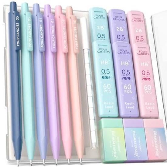 Four Candies Pastel Mechanical Pencil 6-Piece Set 0.5mm HB 2B Pencils Easy Write Middle School Students 360 Leads Eraser Cute Simple Boys Girls