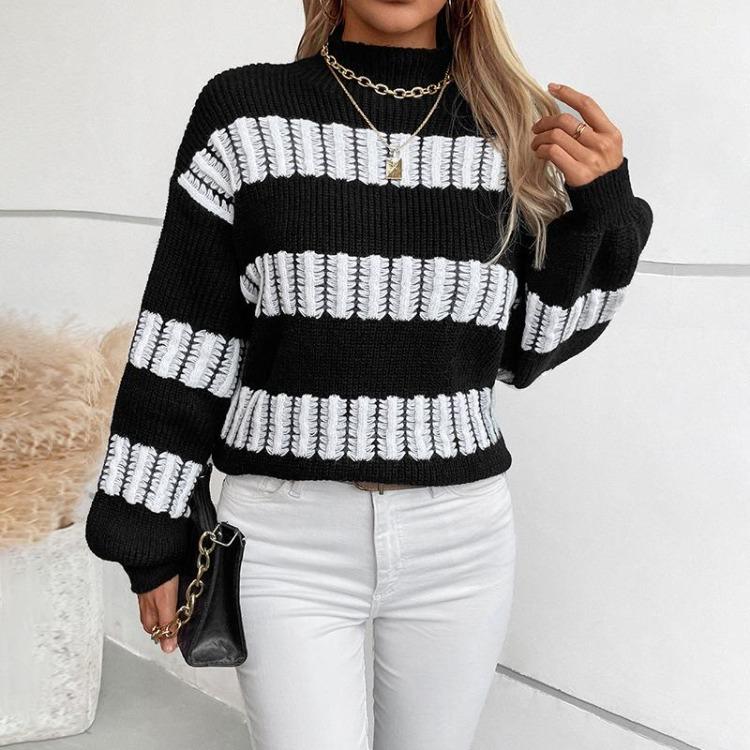 Autumn Winter Vintage Stripe Pullover Knitwear Top Loose Long Hooded Stand Collar Sweater