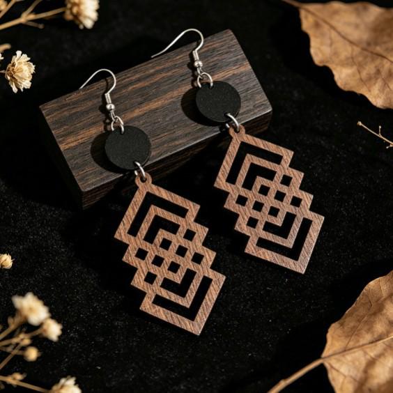 European & American Style Coffee Color Geometric Wooden Earrings for Women - Versatile & Fashionable