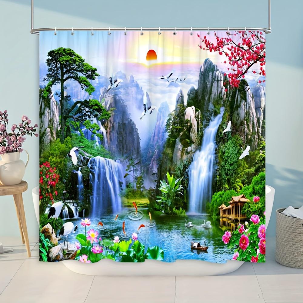 1pc Mountain And Water Scenery Shower Curtain, Sunrise Beautiful Rivers And Mountains Waterfalls Lakes Pine Trees Pattern