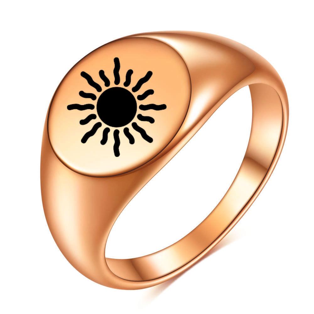 European & American 12MM Engraved Sun Stainless Steel 18K Gold Women's Ring - Fashionable, Hot-Selling, Cross-Border Design.