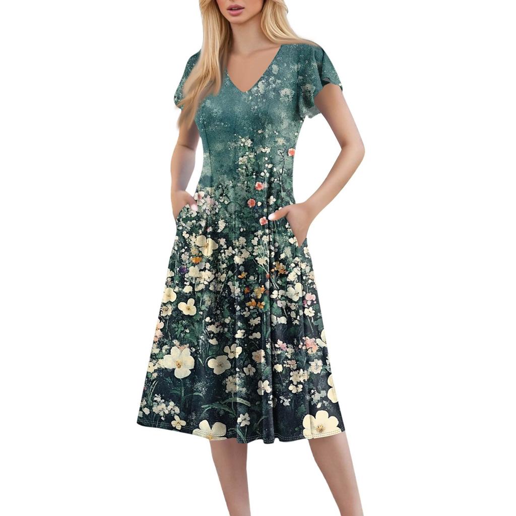 Women's Loose Casual And Fashionable V-Neck Short Sleeved Print Mid Length Dress