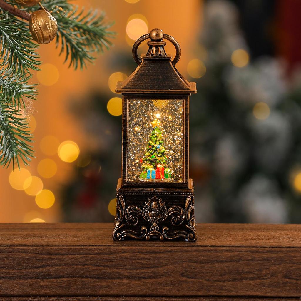 Antique Musical Snowfall Light-Up Lantern Ornament, Water-Filled Christmas Night Light Gift.